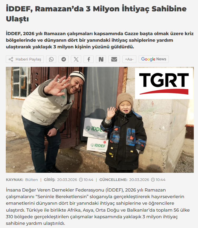 iddef ramazanda 3 milyon ihtiyaç sahibine ulaştı- tgrt